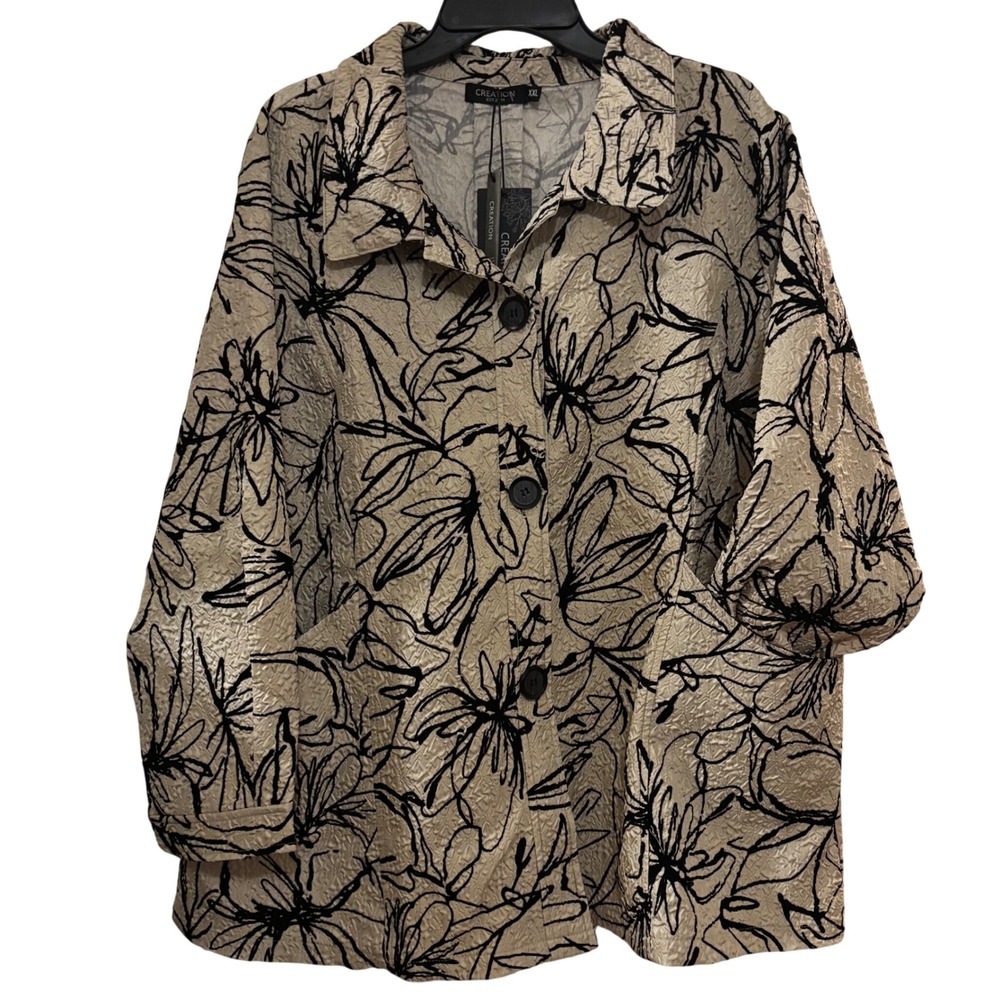 Creation Women's Jacket 2XL NWT Floral Beige Black Textured Plus Size